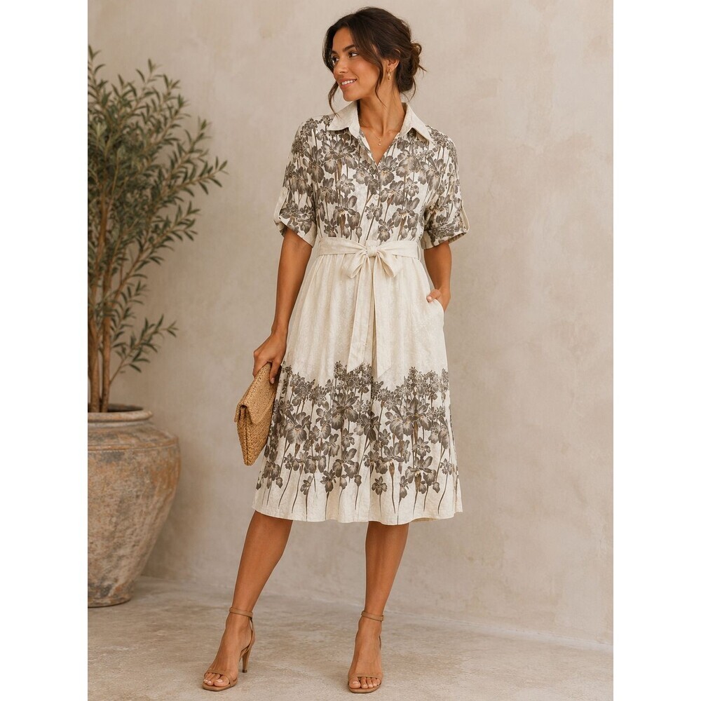 Paul & Joe Paris 100% Silk Floral Shirt Dress Belted Ivory Gray Size 40 FR